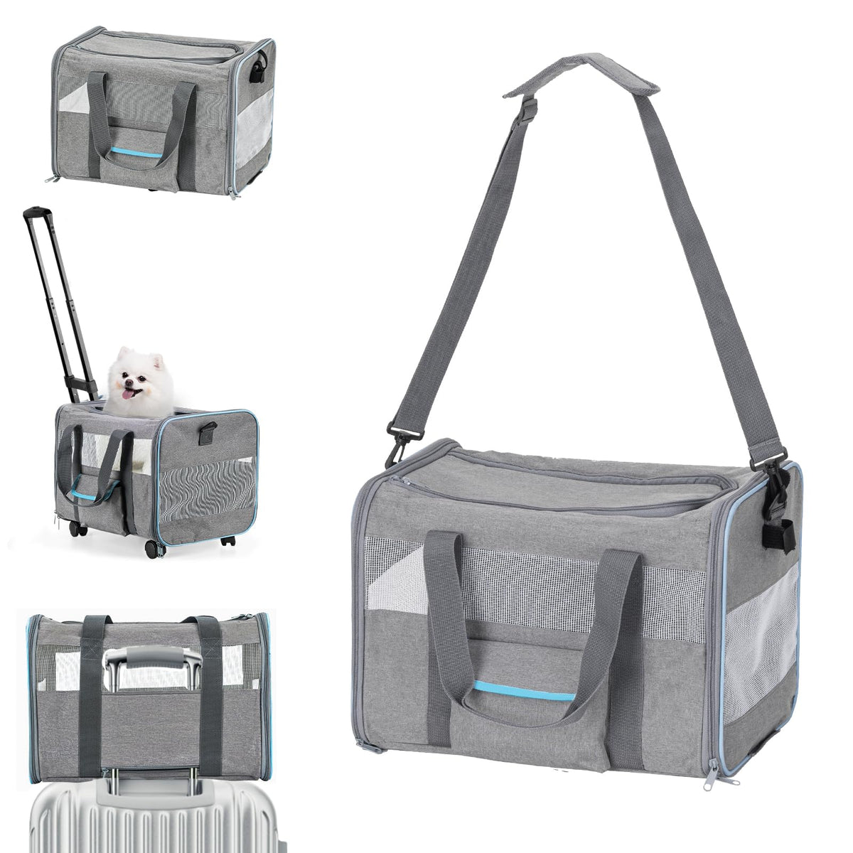 Ferrafay pet carrier rolling setup shows effortless mobility for adventures with small pets up to 20 lbs.
