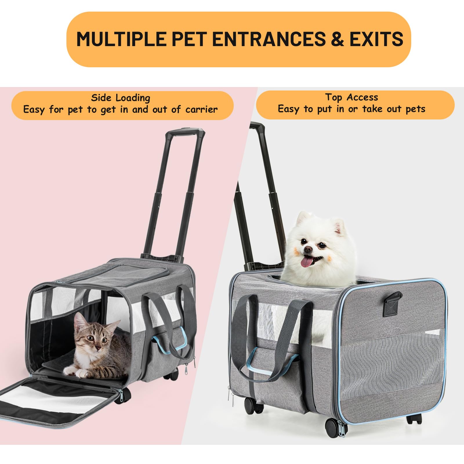 Ferrafay pet carrier wheels telescopic handle offers smooth maneuvering on sidewalks and luggage carousels.