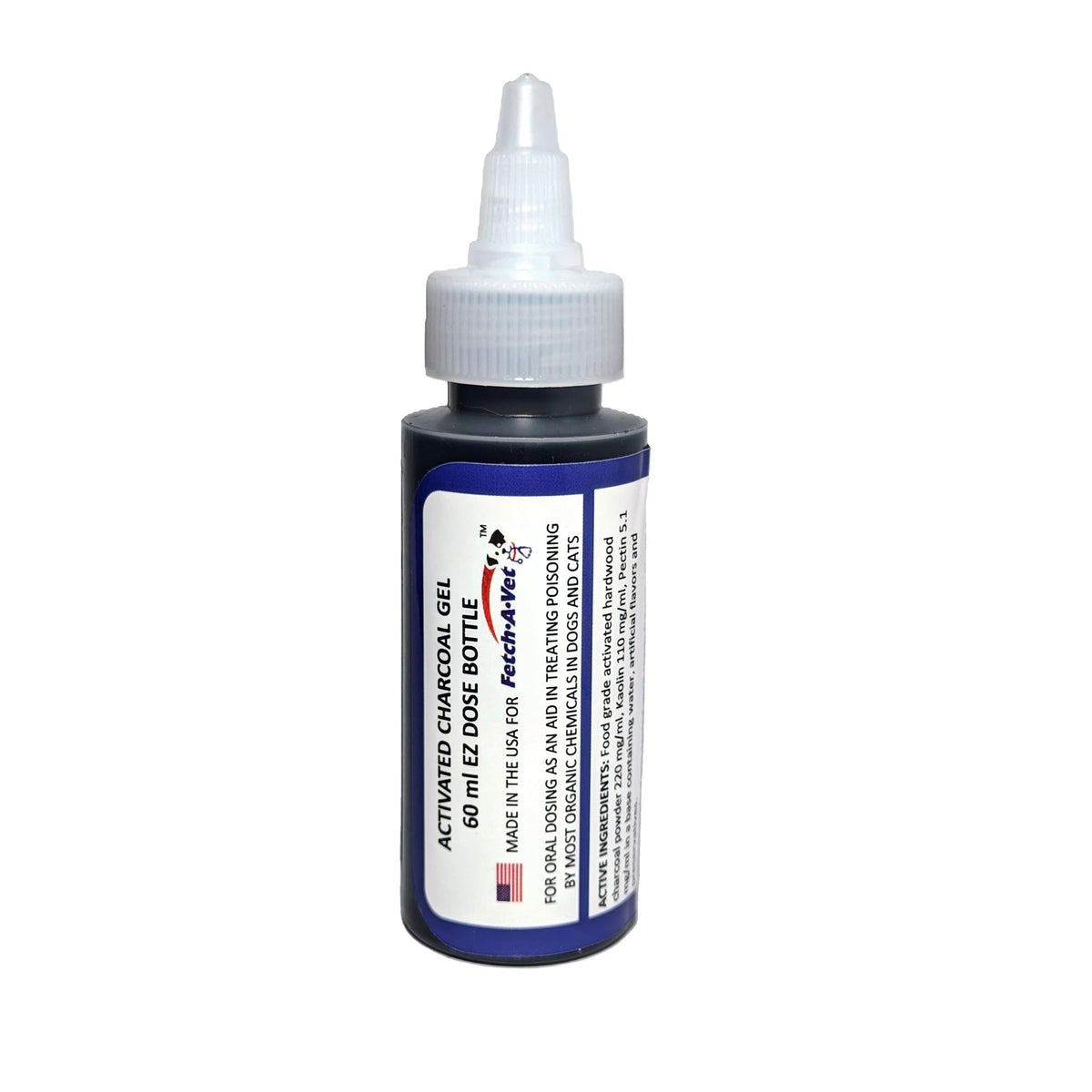 Fetch A Vet activated charcoal gel 60ml bottle dispense for quick emergency dosing.