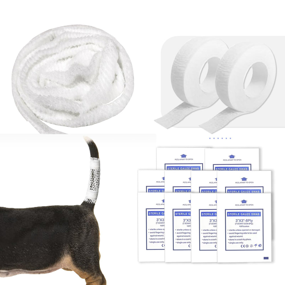 FEXICHUJI dog tail protector bandage kit showing wound care setup for pets.