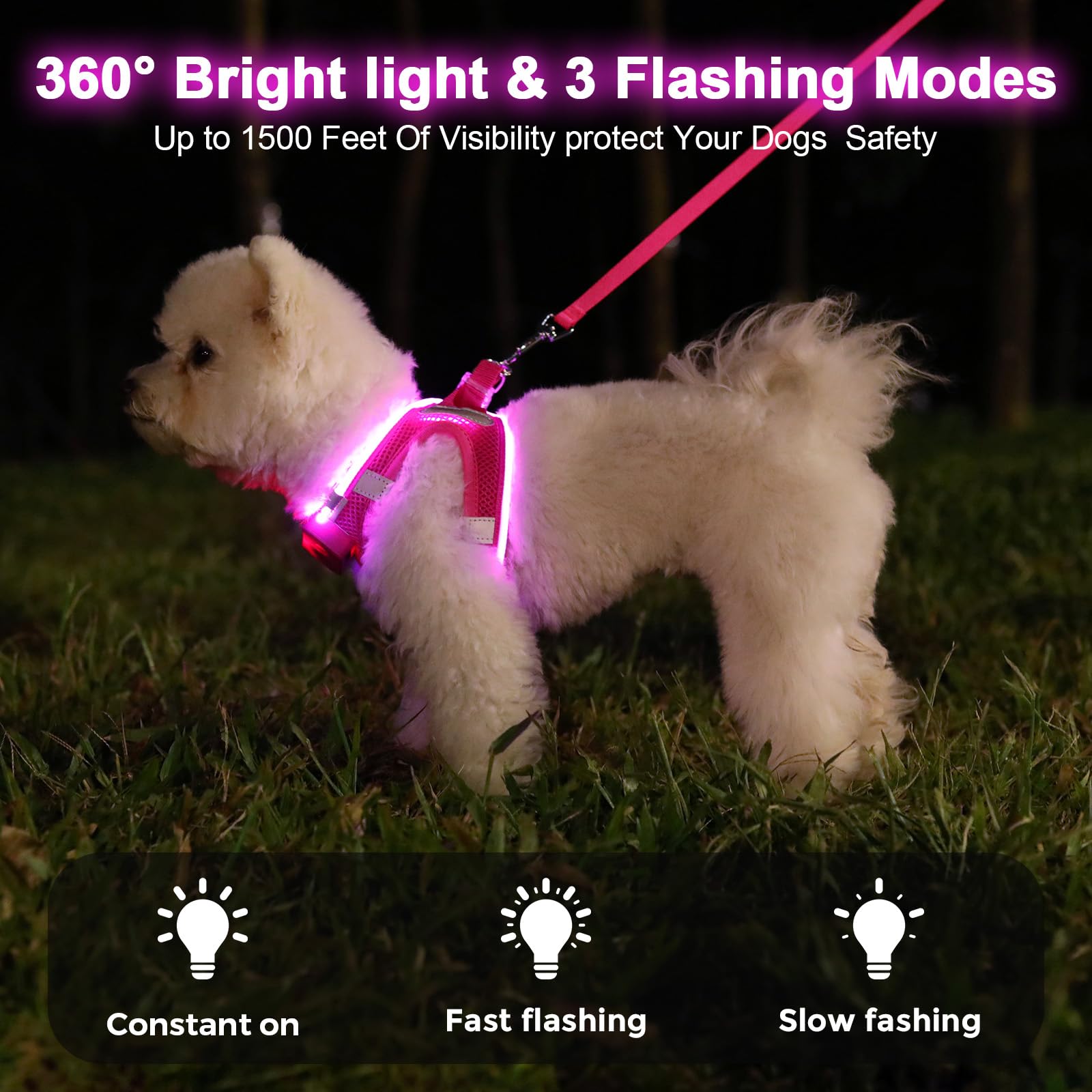 Feycig light up dog harness pink back view with reflective bands