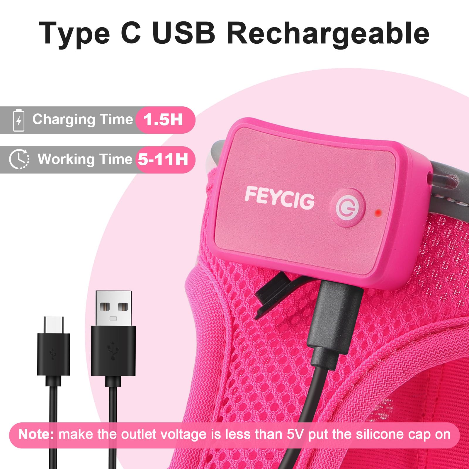 Feycig USB-rechargeable harness close-up showing easy-night-walk charging