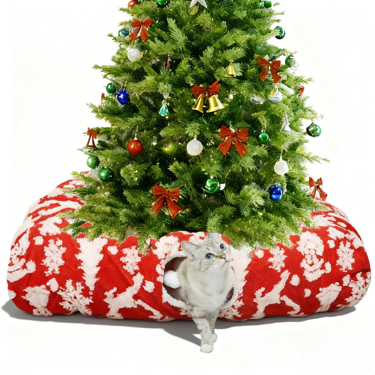 Feyxfnne Christmas cat tunnel bed front view shows festive pattern and spacious play space for naps.