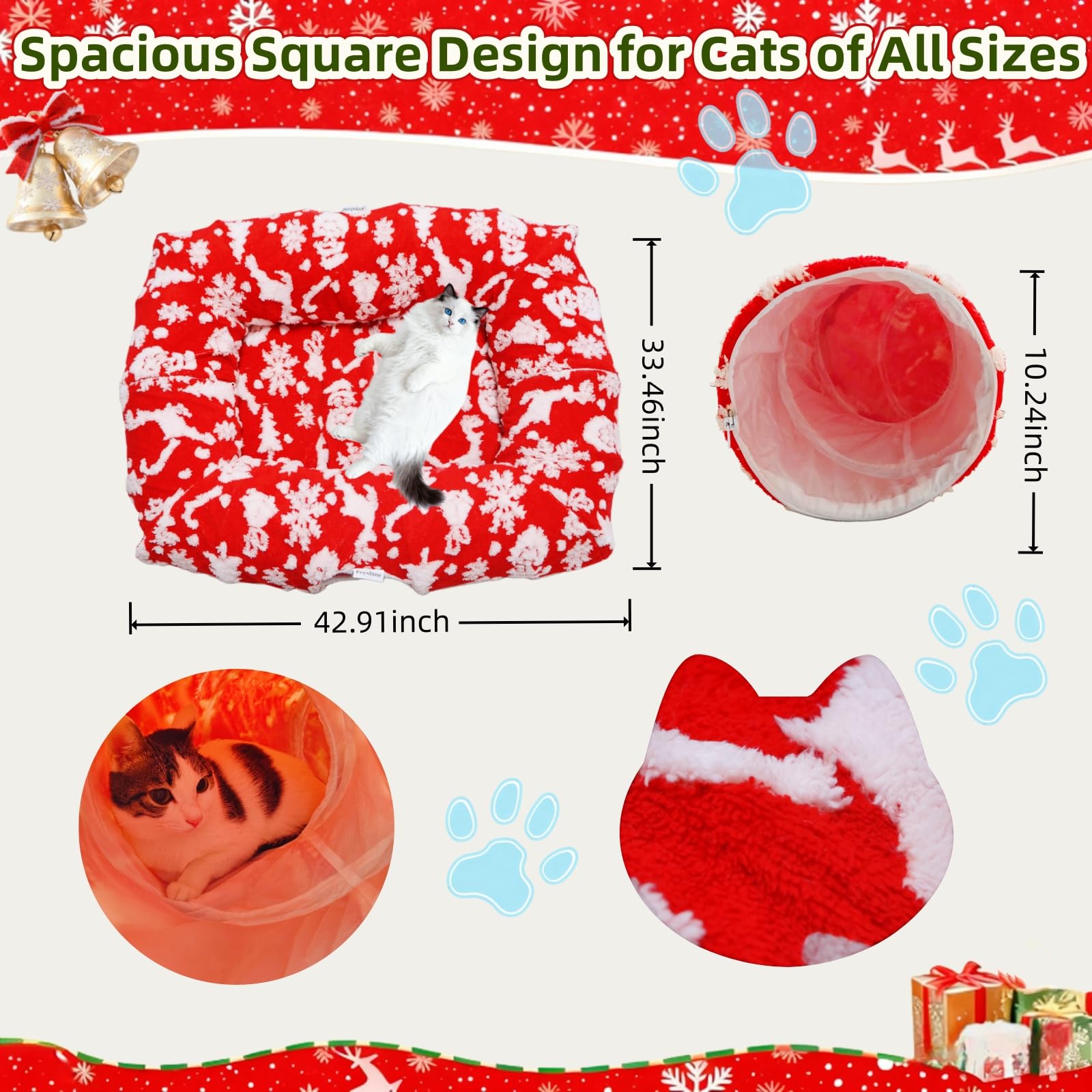 Feyxfnne Christmas cat tunnel bed under-tree setup shows integrated decor and safe tree area.
