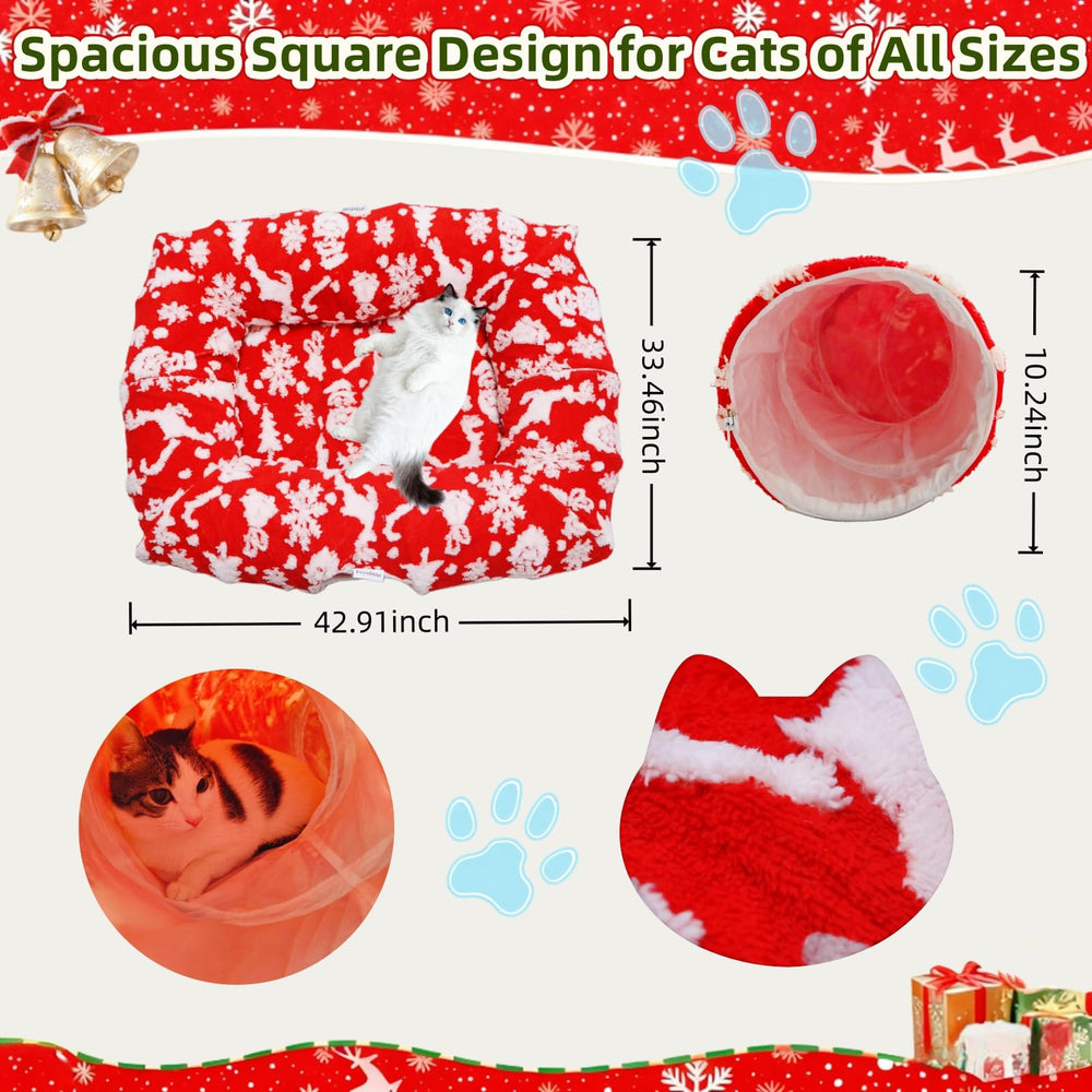 Feyxfnne Christmas cat tunnel bed under-tree setup shows integrated decor and safe tree area.