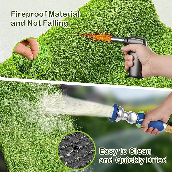 FezepYmaz indoor-outdoor grass mat with drainage holes for quick dry after play.