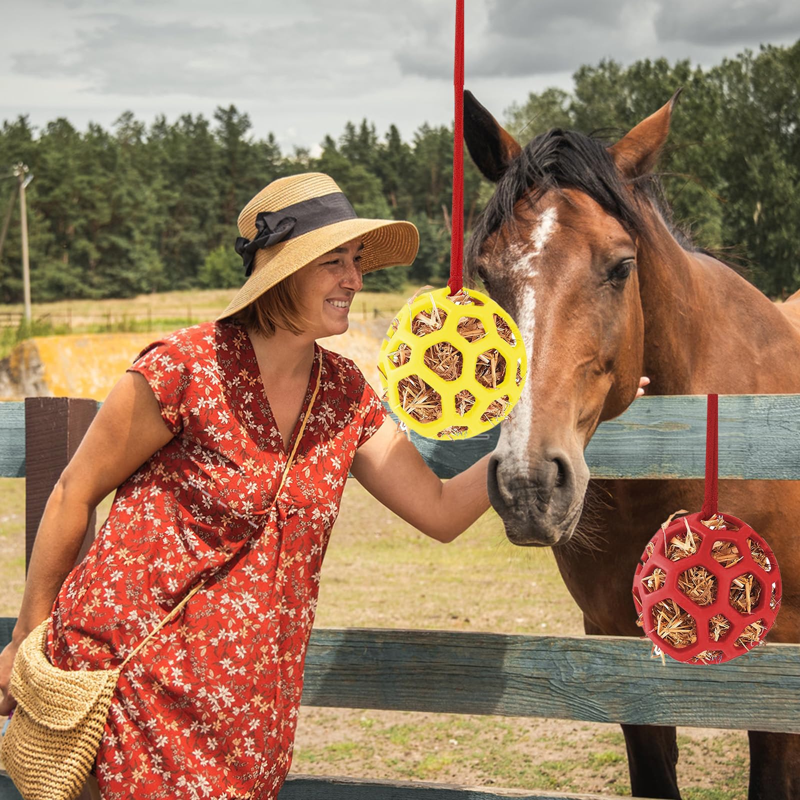 FFOTD goat feeder hanging toy red closeup highlights durable, stretch-resistant material