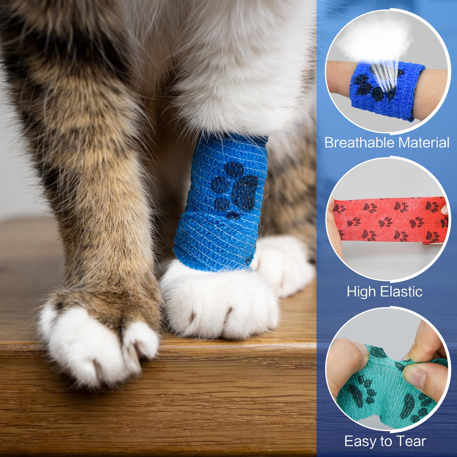 FGBNM Vet Wraps light blue pattern 2in—self-adhesive and skin-friendly for secure, painless wrap removal.