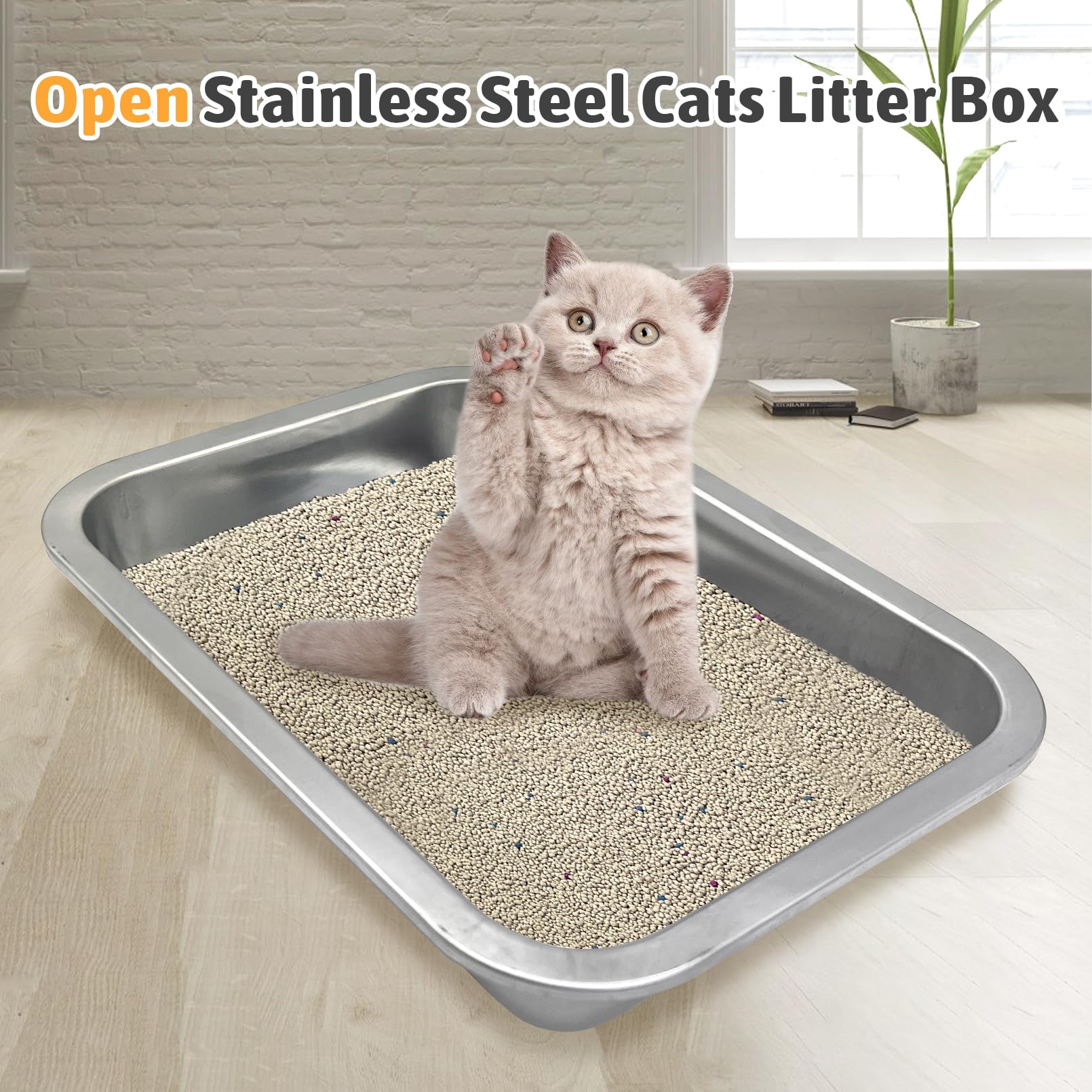 Fhiny stainless steel litter box surface highlights non-stick easy cleanup