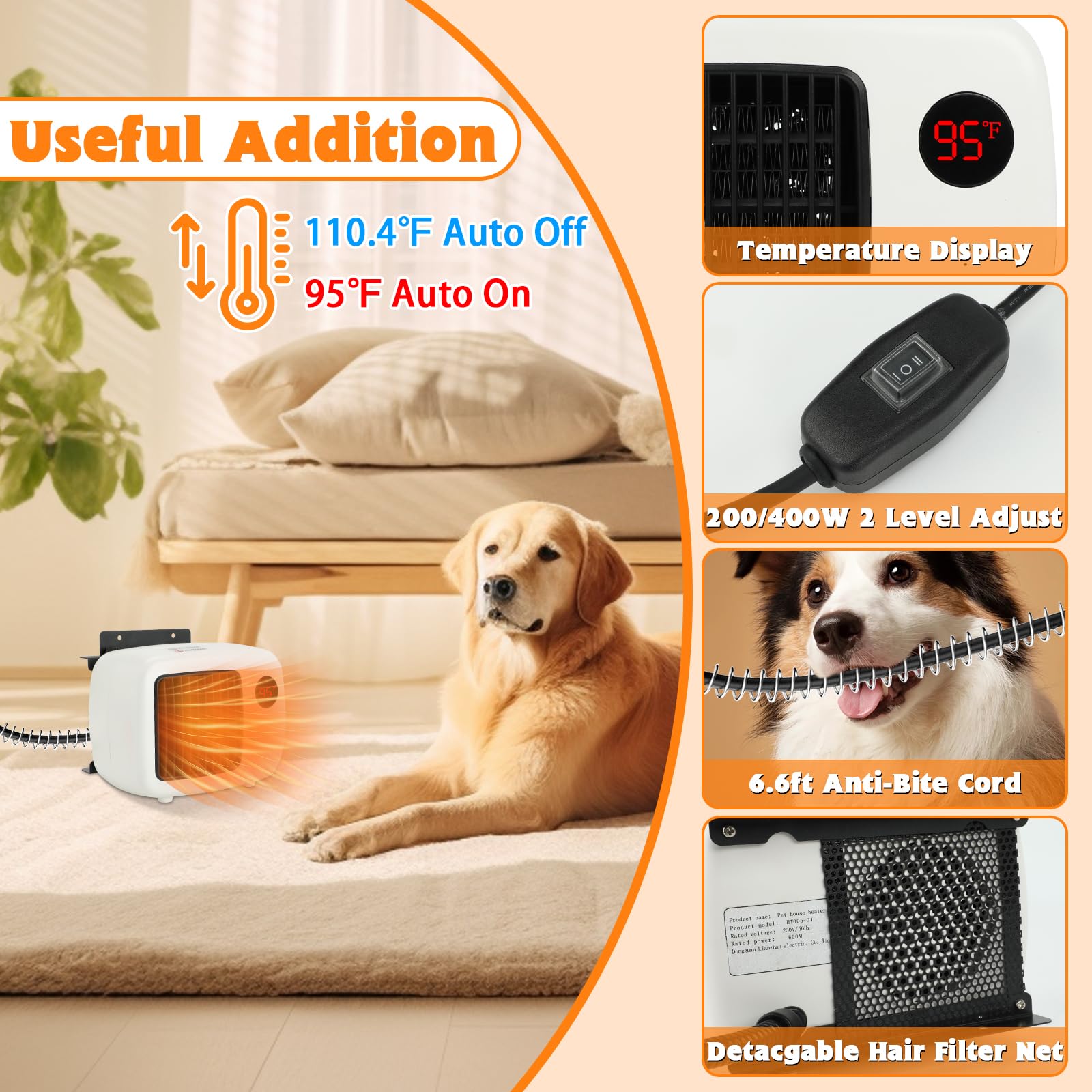FHTONGE anti-bite cord dog heater closeup highlights chew-resistant safety