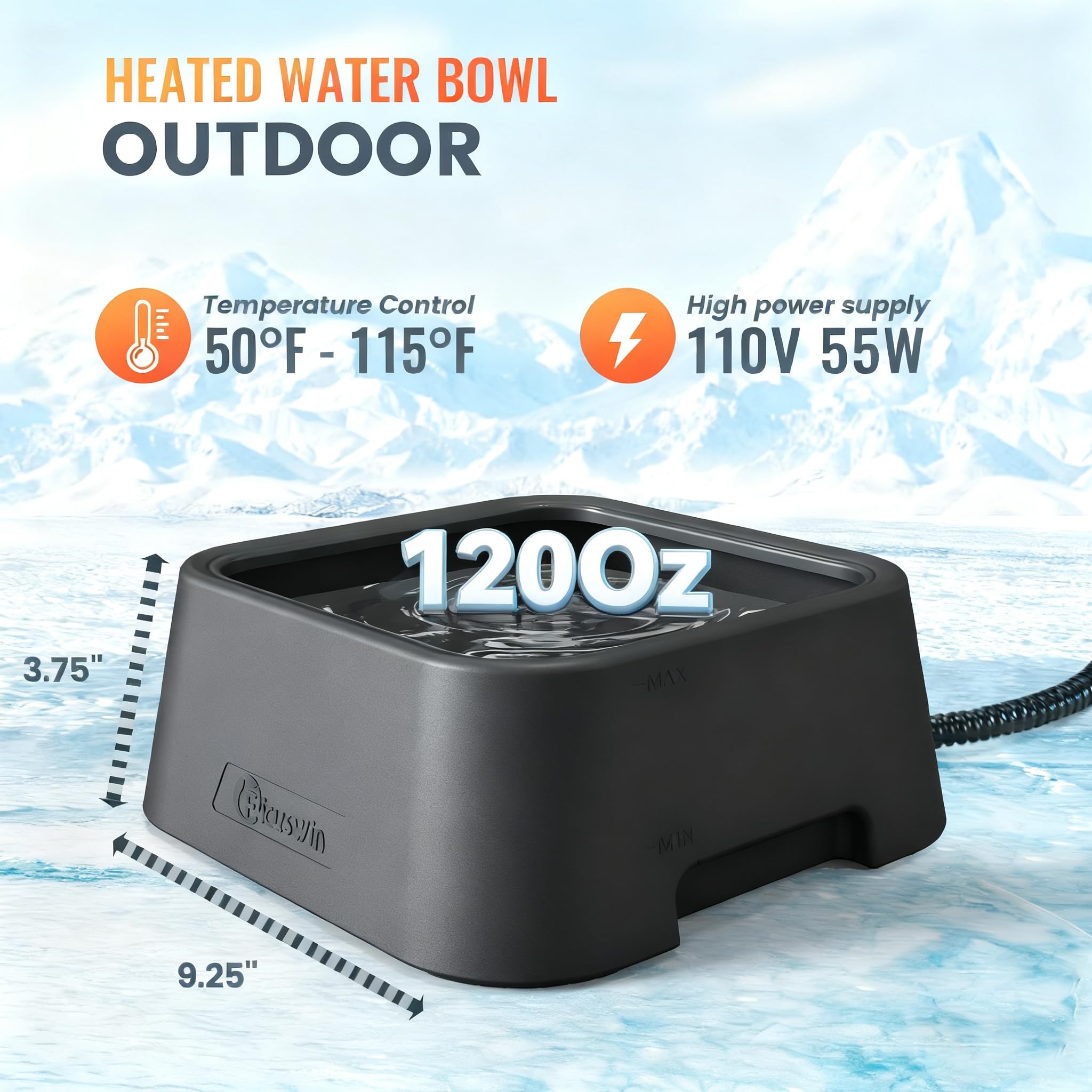 Ficuswin heated water bowl shows temperature range 70-105°F for reliable outdoor hydration.