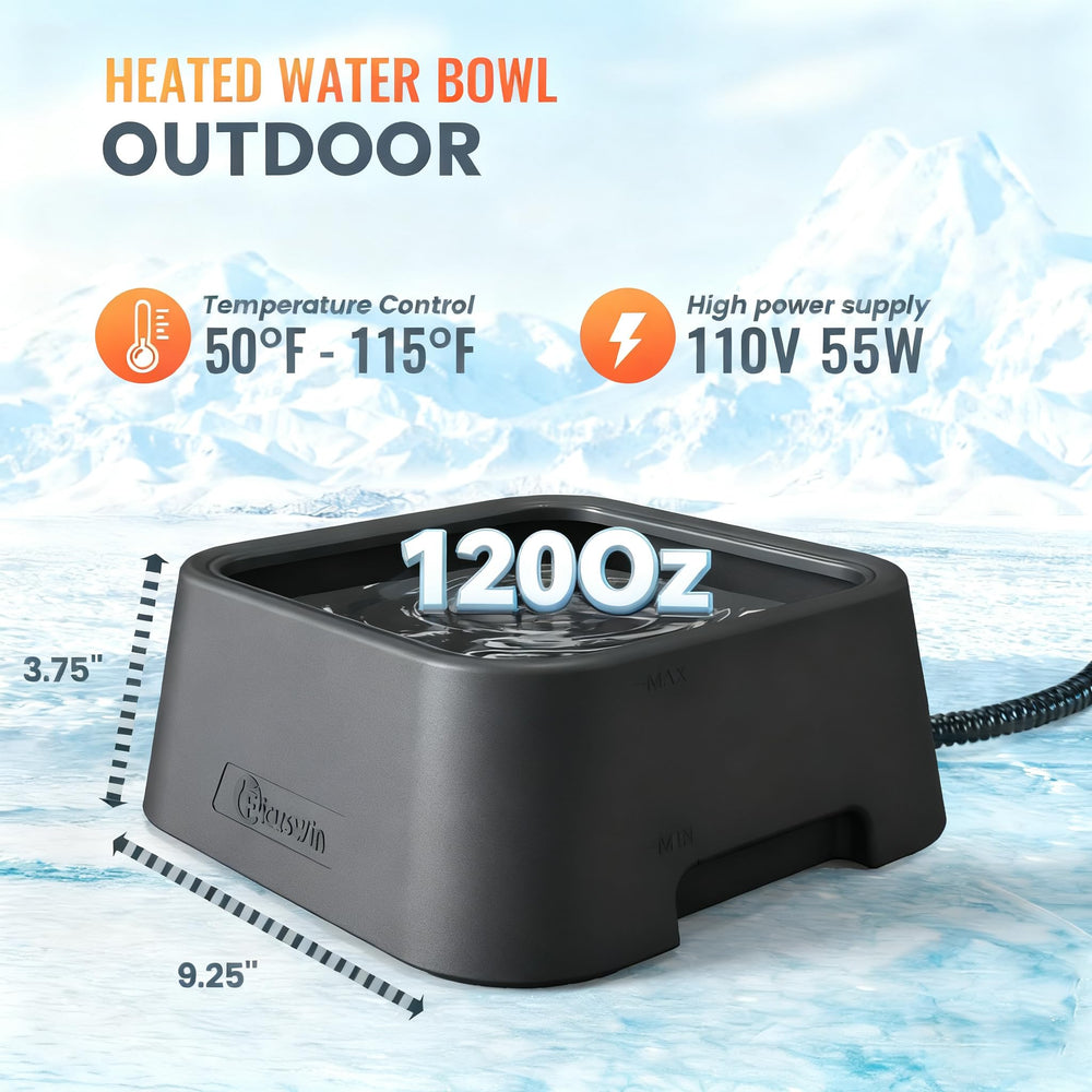 Ficuswin heated water bowl shows temperature range 70-105°F for reliable outdoor hydration.