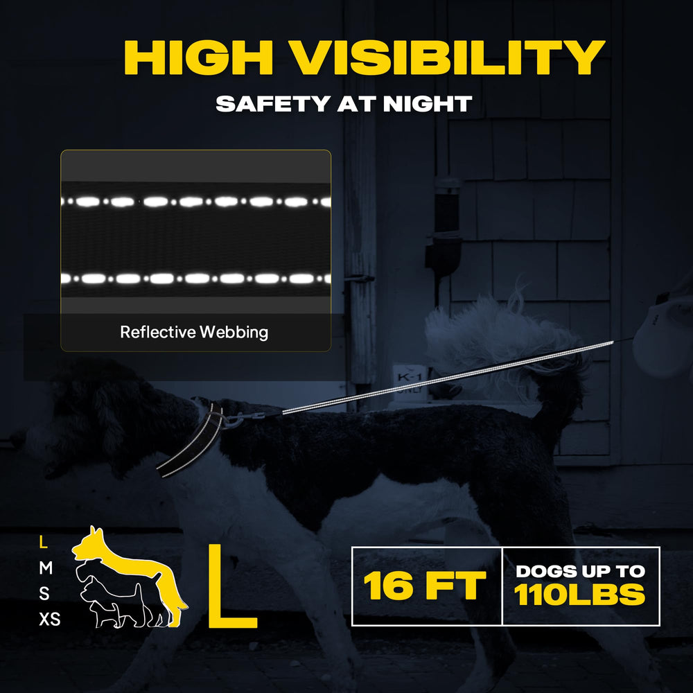 Fida 16 ft tape leash supports dogs up to 110 lbs for everyday adventures.