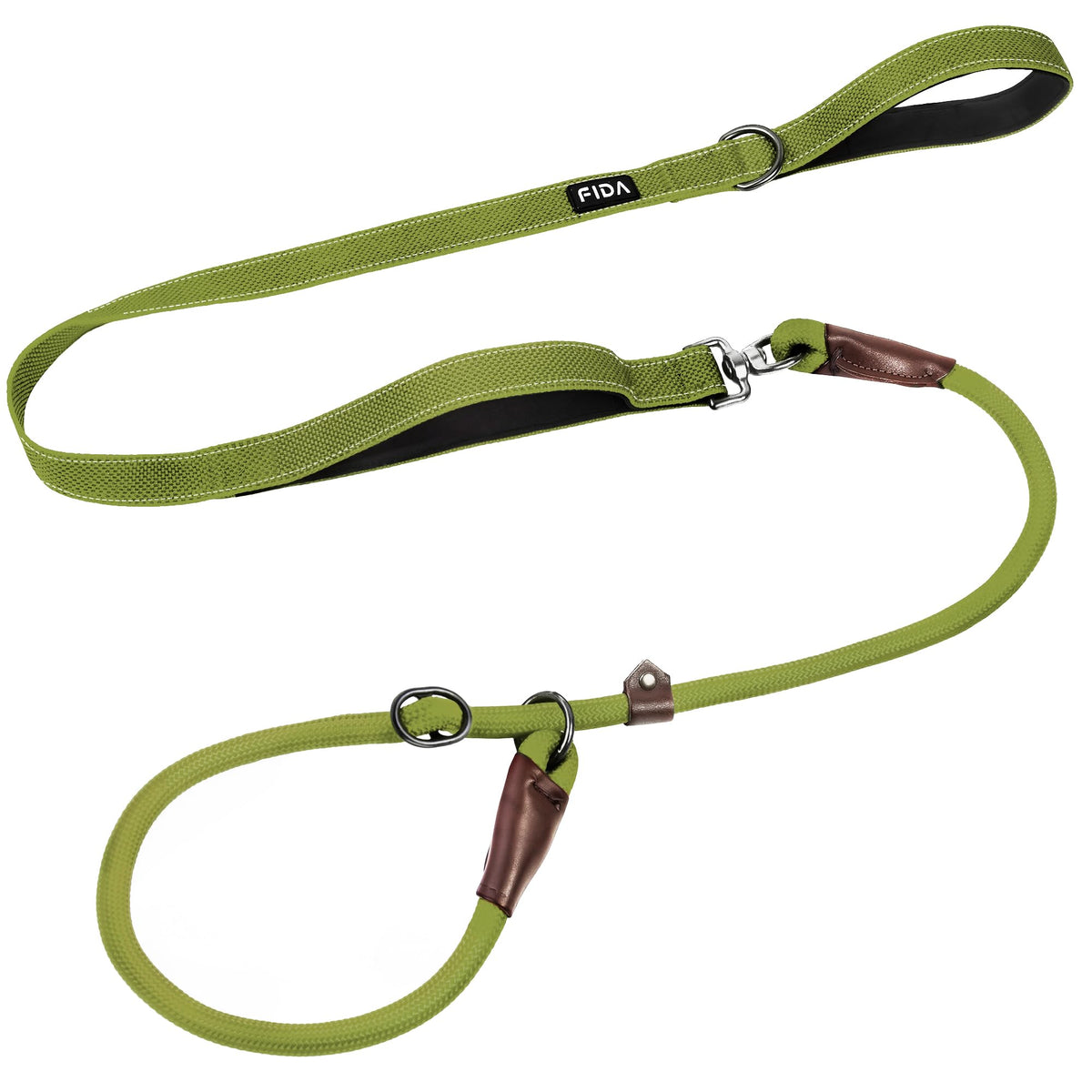 Fida 2-in-1 slip lead double-handles in green for secure city walks.