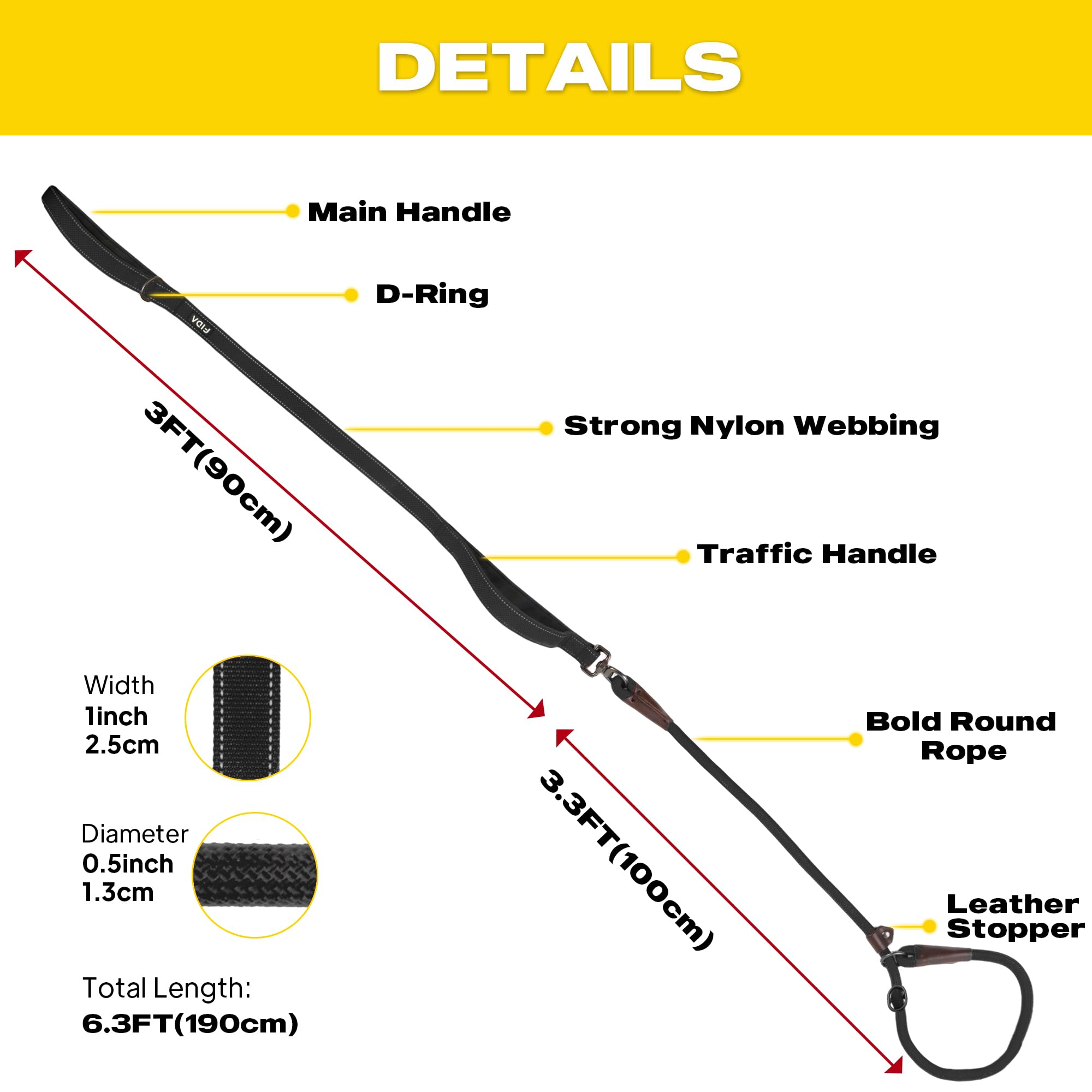 Fida 6ft leash length suits outdoor walks, runs, and training sessions.