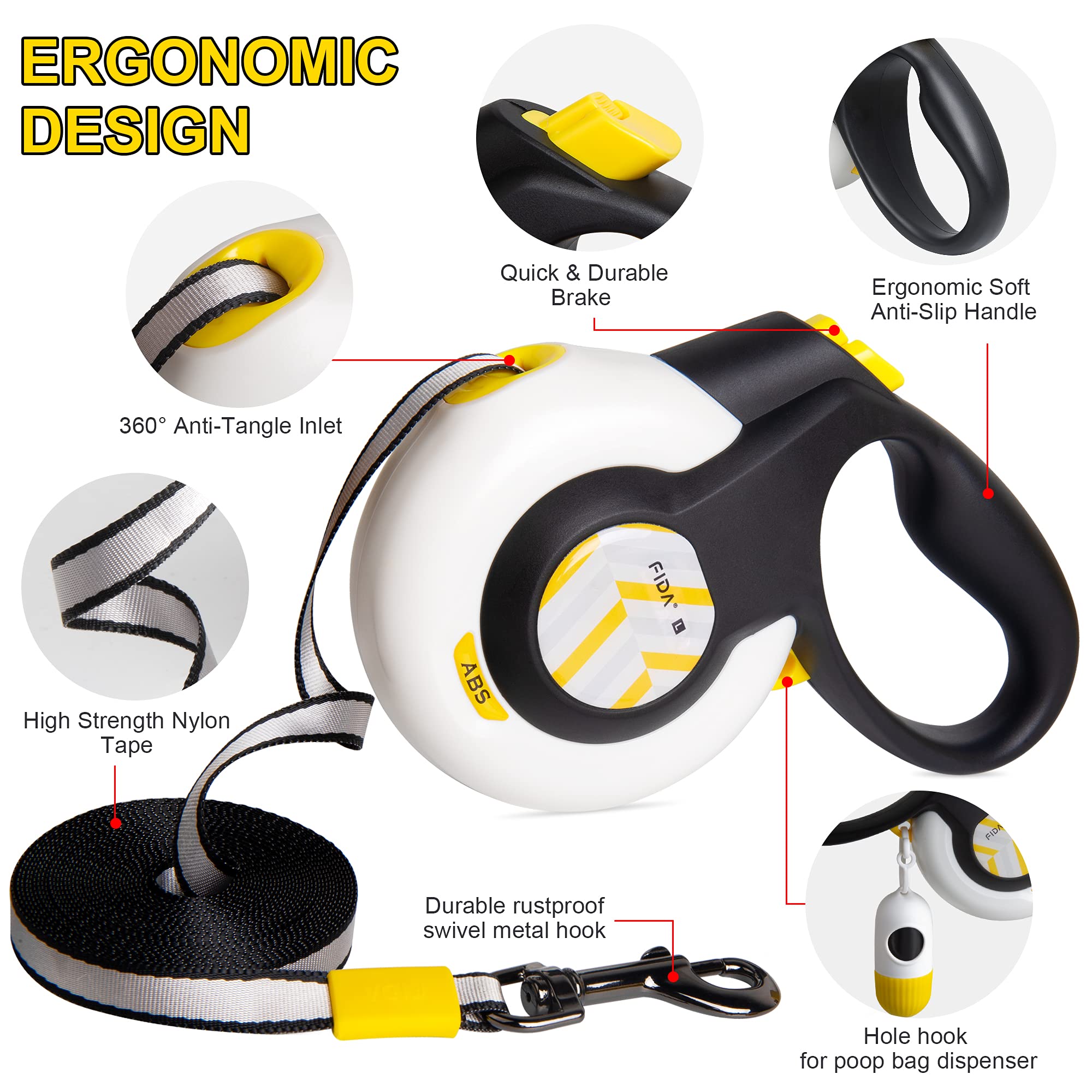 FIDA AutoBrake leash shows 16 ft retraction for versatile control during outdoor adventures.