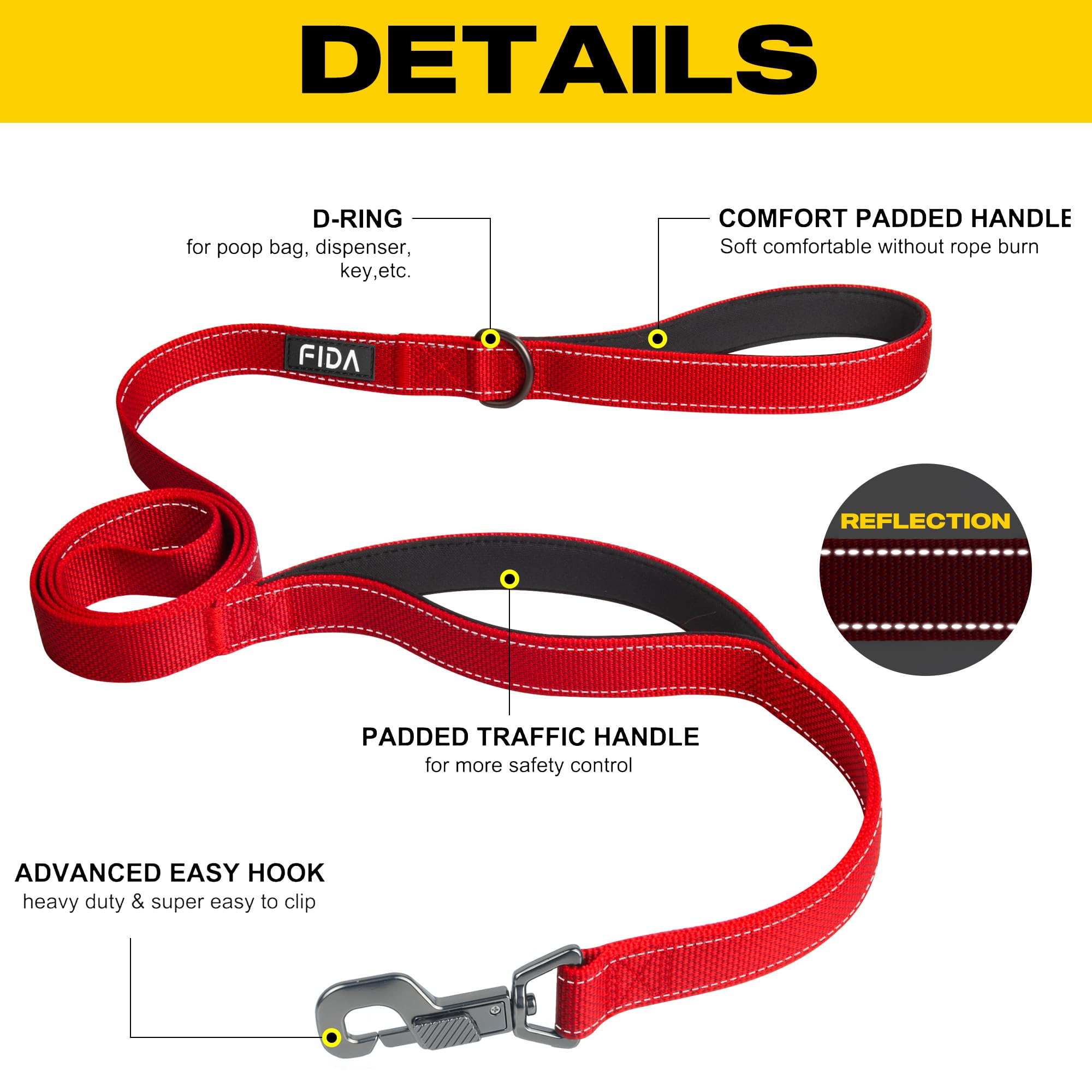 Fida dog leash showing dual soft padded handles for comfortable grip during walks.