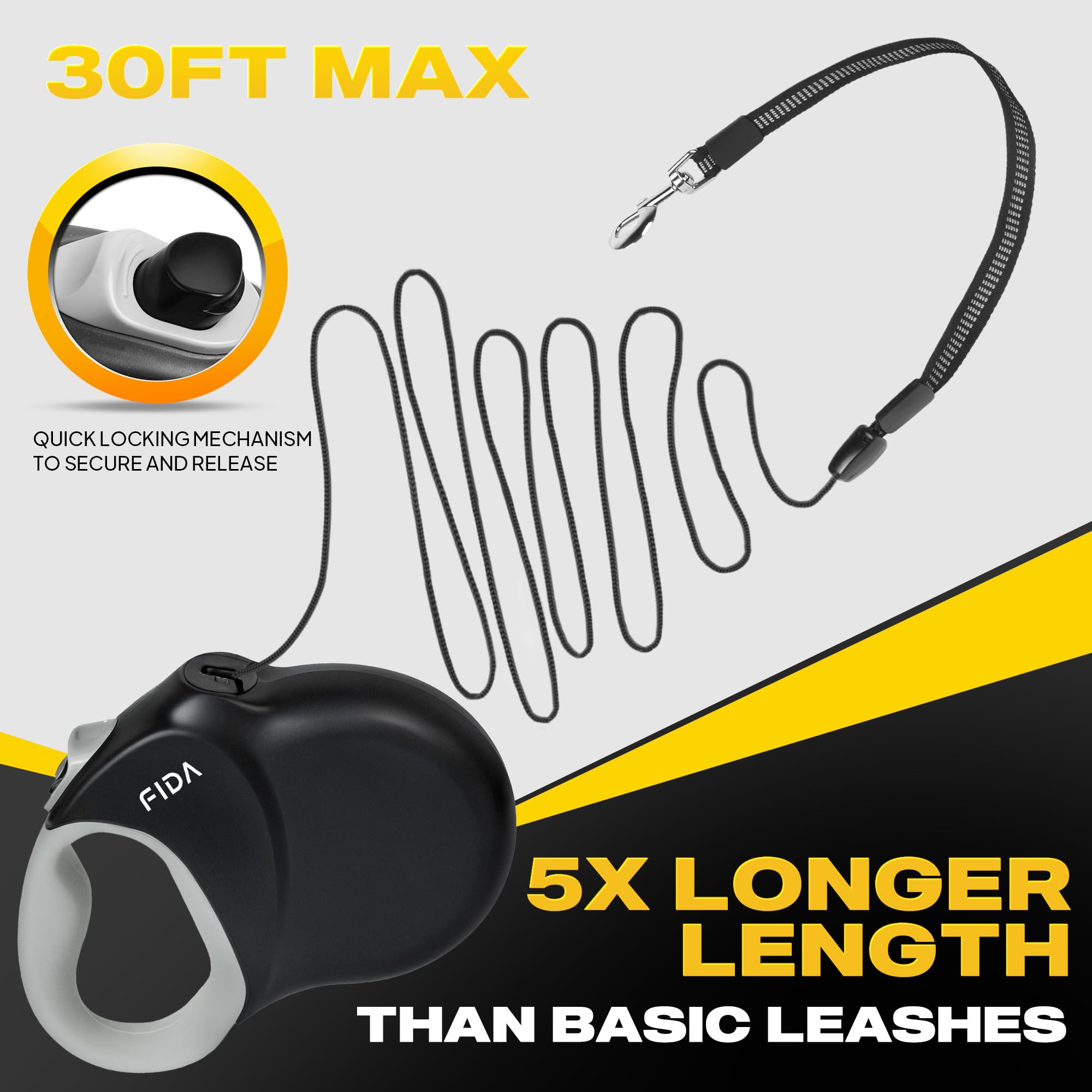 Fida leash with no-tangle cord design prevents snags during outdoor adventures.