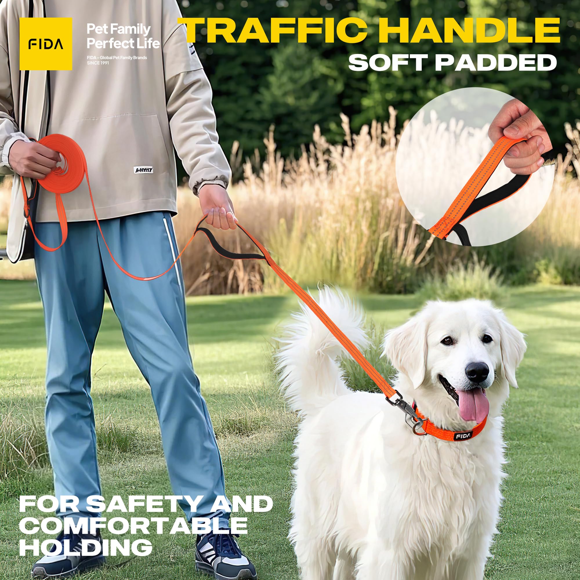Fida long leash night reflective threads orange for better low-light visibility