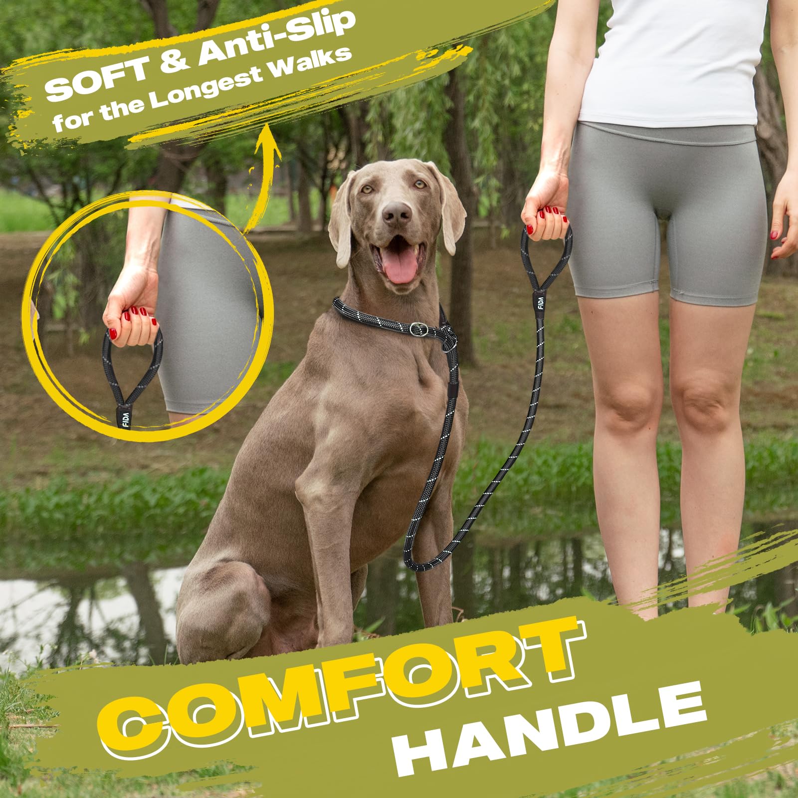 Fida nylon rope leash with reinforced metal ring for durability.