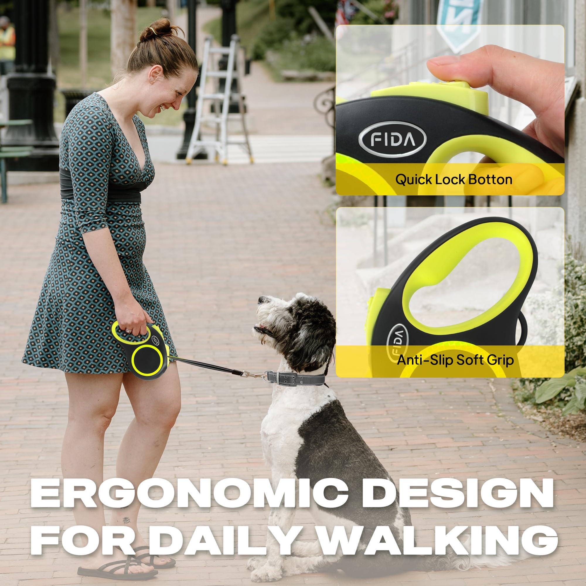 Fida leash pause button usage showing controlled stop mid-walk