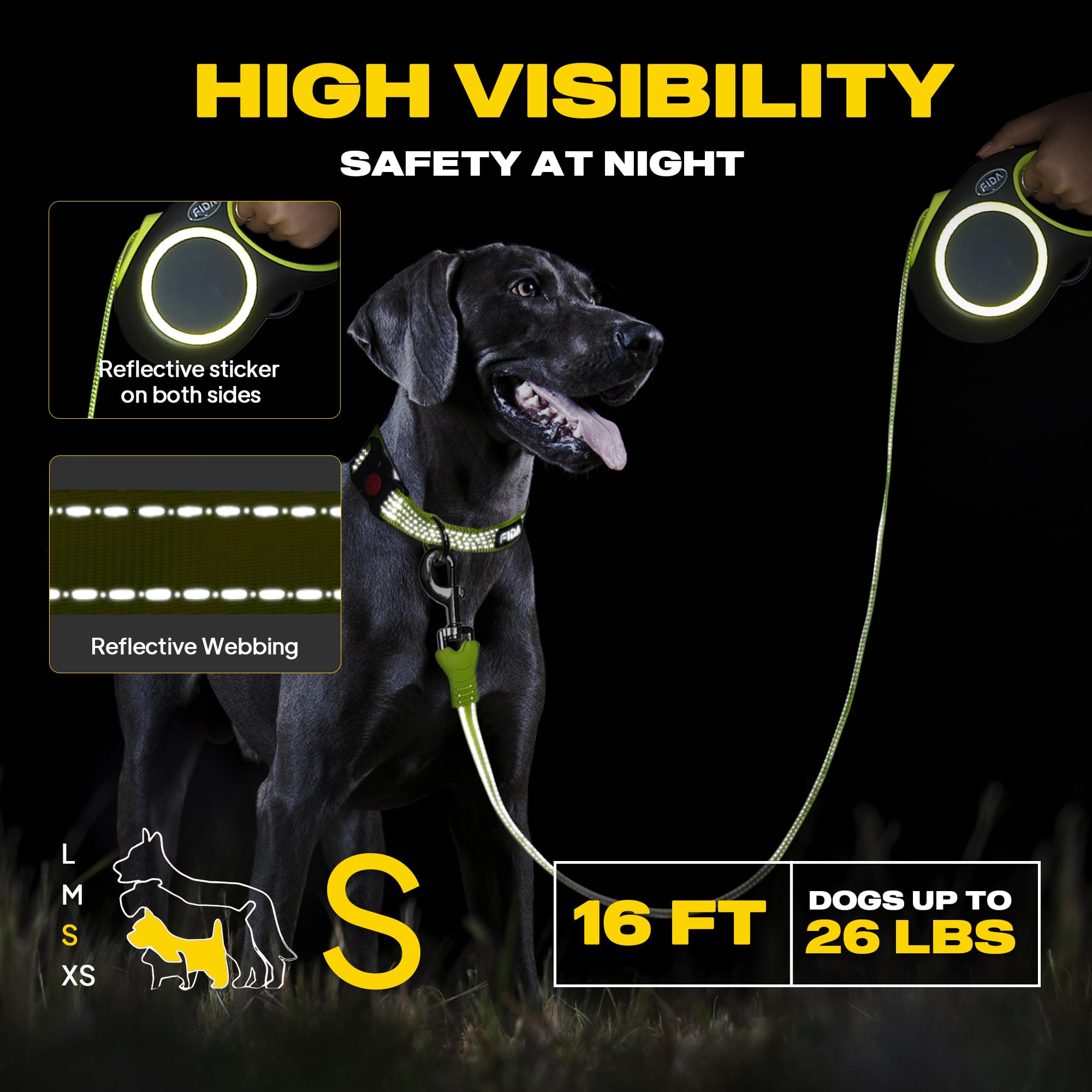 Fida retractable leash highlights reflective stitching for night visibility