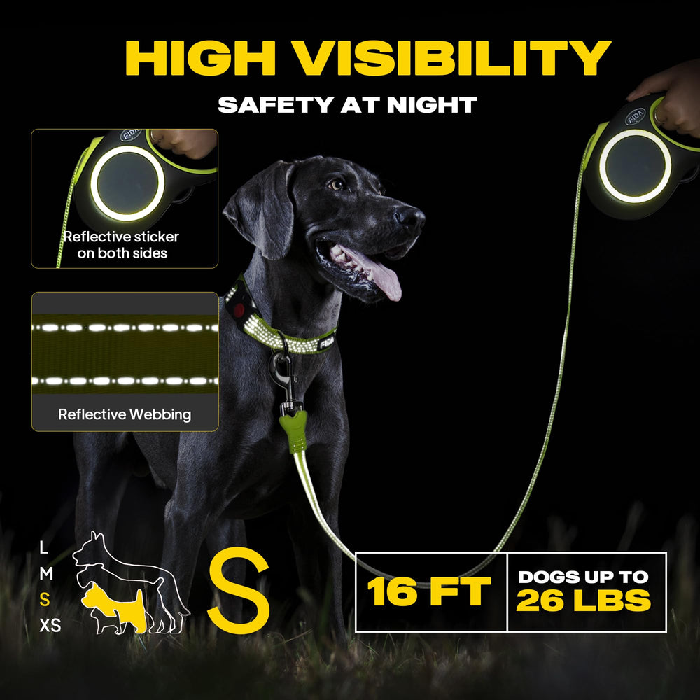 Fida retractable leash highlights reflective stitching for night visibility