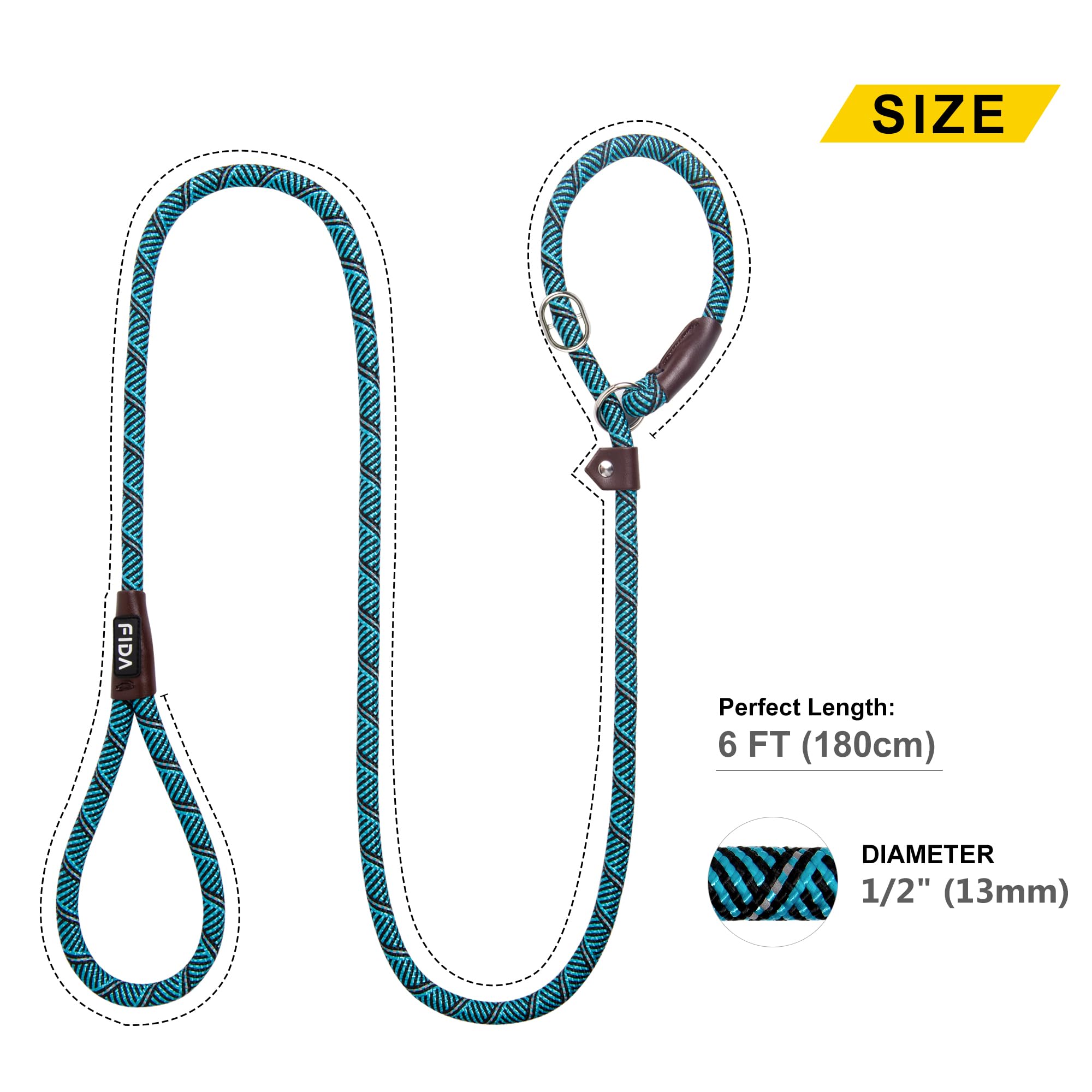 Fida leash features strong metal ring and bound knots for reliability