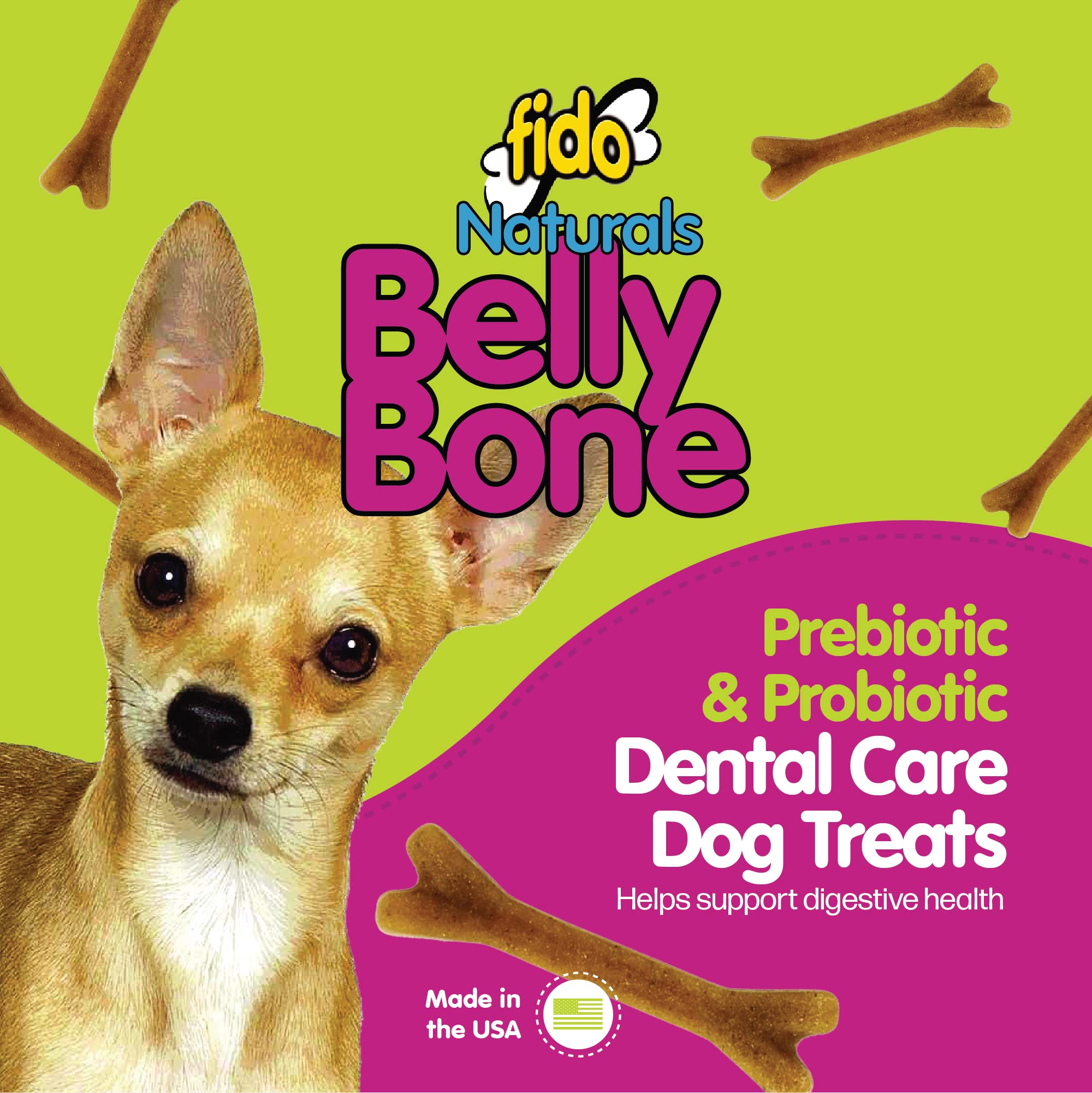 Fido Belly Bones mini dog treats shown for small dogs 4-18 pounds.