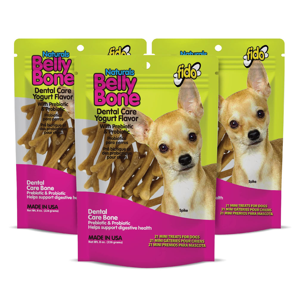 Fido Belly Bones yogurt mini-dog bones pack shown for small breeds.