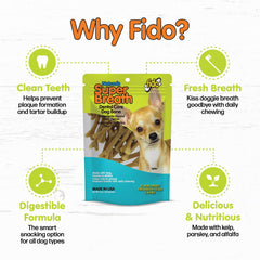 Fido dog chewing a dental bone showing gum massage and teeth cleaning