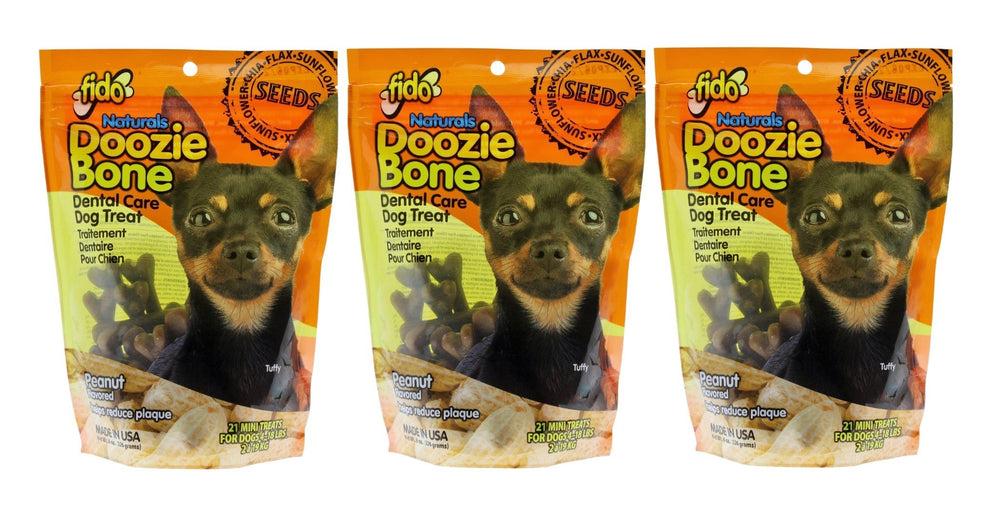 Fido Doozie Bones peanut-flavored package shows dental treats that help curb plaque.