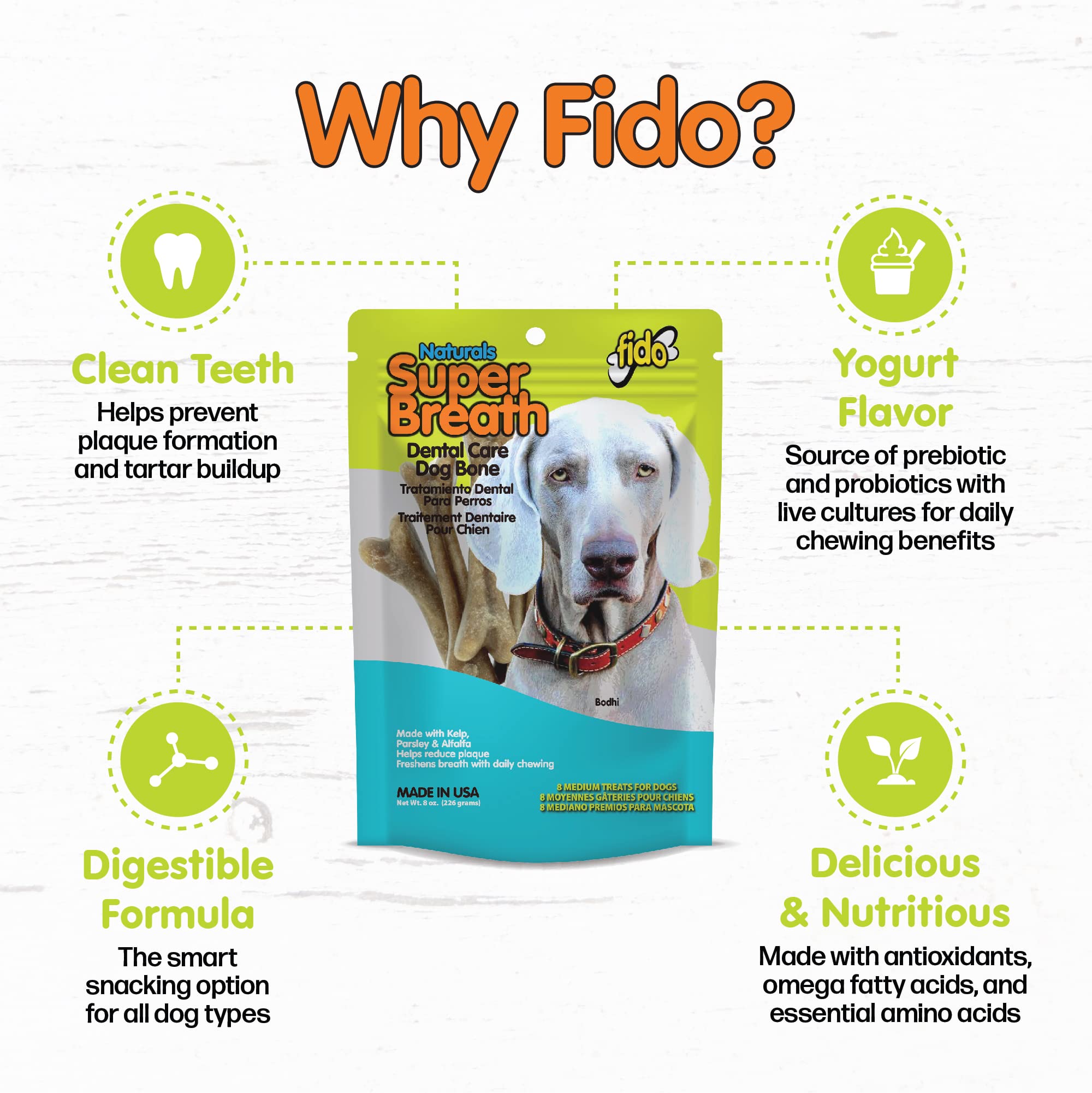 Dog chewing a Fido Super Breath bone for dental care.