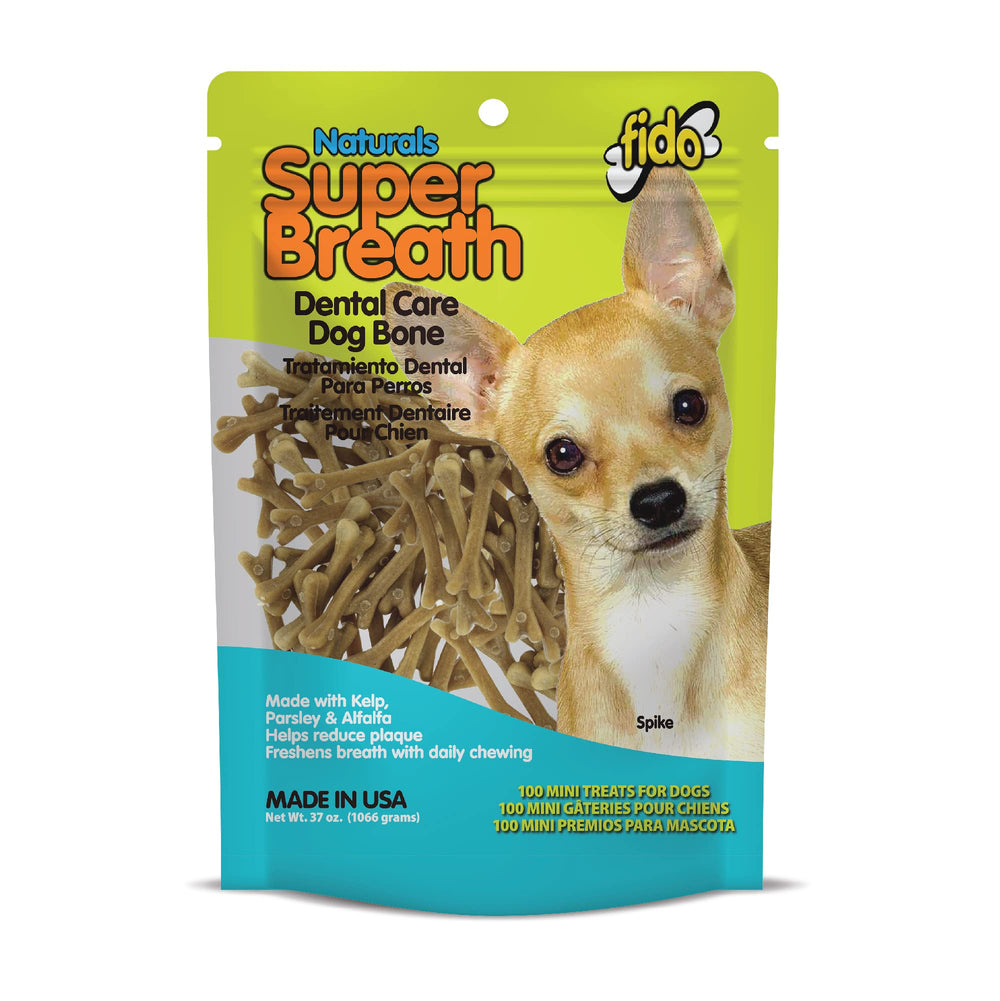 Fido Super Breath mini bones in a resealable bag for daily dental care.