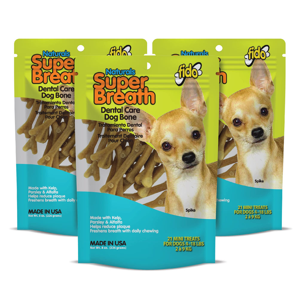 Fido Super Breath packaging showing three-pack daily dental care for small dogs.