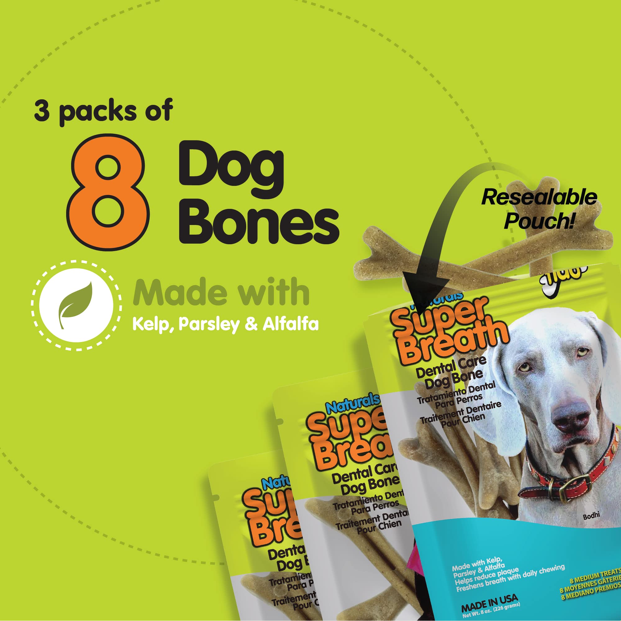 US-made three-pack display of Fido Super Breath dental bones.