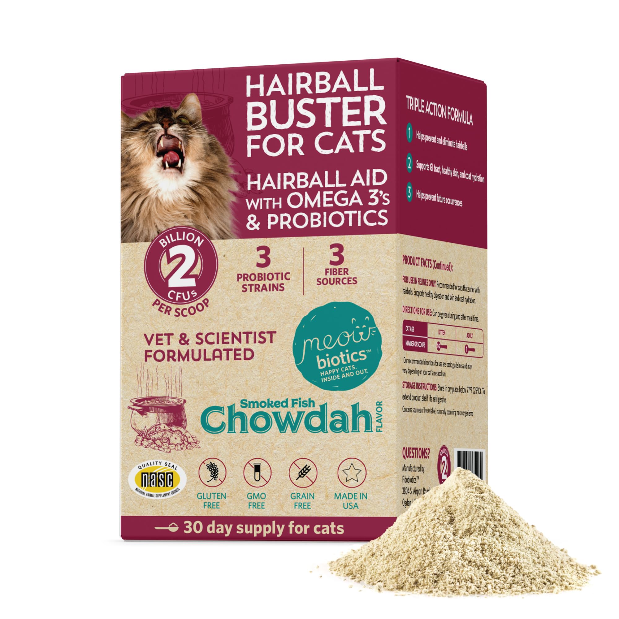 Fidobiotics Meowbiotics Hairball Buster tub with probiotic powder for hairball management.