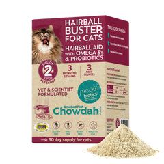 Fidobiotics Meowbiotics Hairball Buster tub with probiotic powder for hairball management.