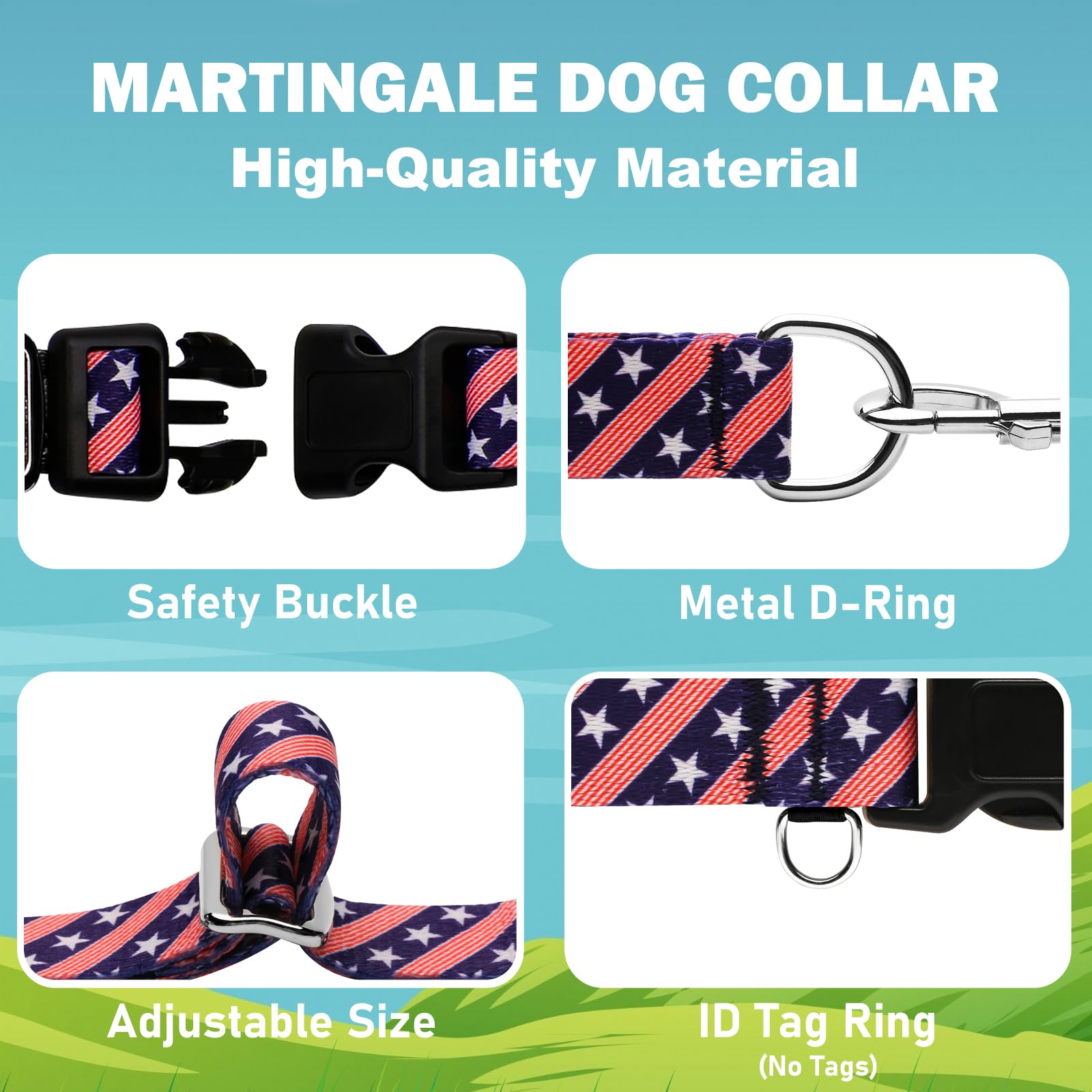 Fidohug martingale collar navy flag detail highlights quick-release buckle for safety.