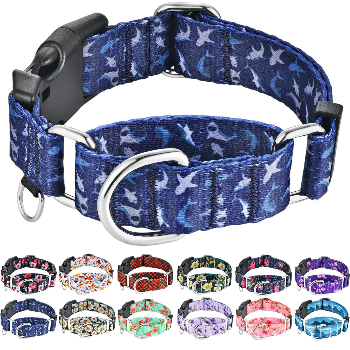 Fidohug martingale collar deep blue shark closeup buckle ensures secure fit during walks.