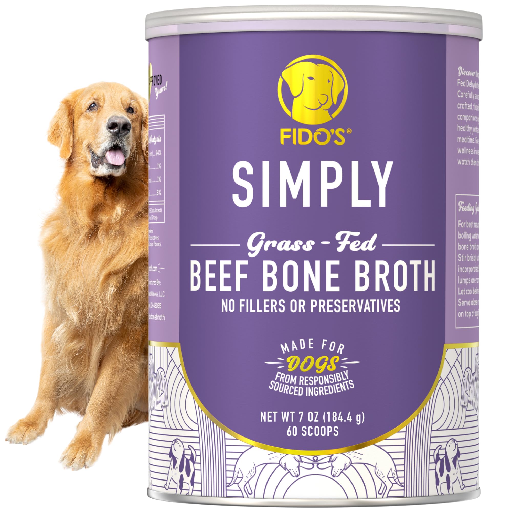 Fido's bone broth powder jar front for easy daily use and premium packaging.