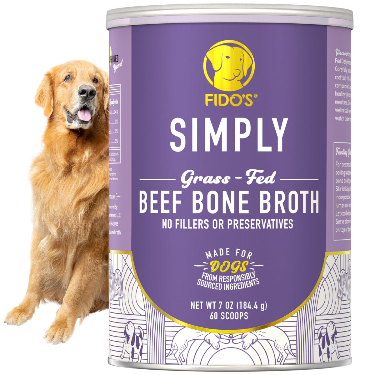 Fido's bone broth powder jar front for easy daily use and premium packaging.