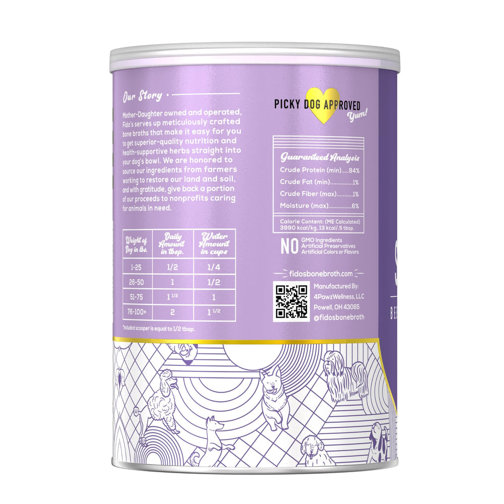 Fido's picky-eaters-friendly broth in a bowl indicates meal appeal.