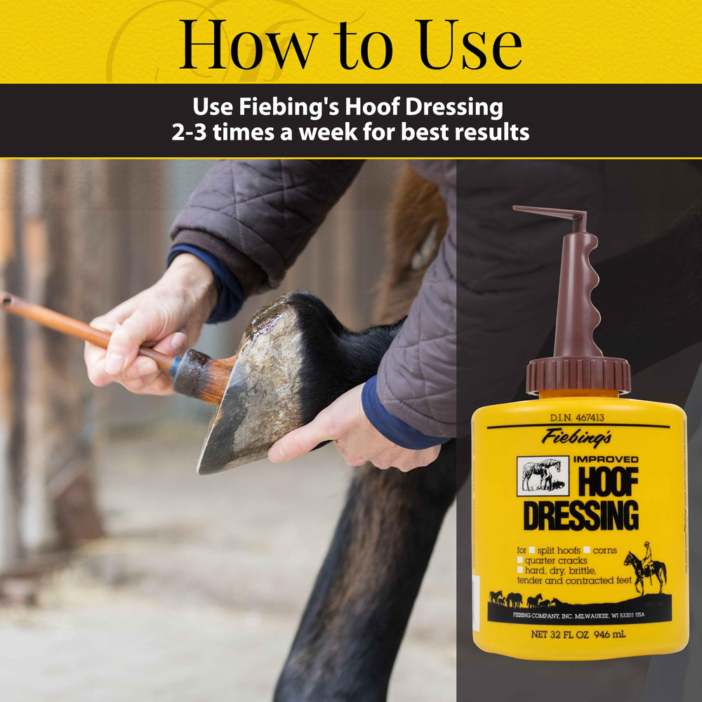 Fiebing's Hoof Oil being applied with built‑in brush for even conditioning.