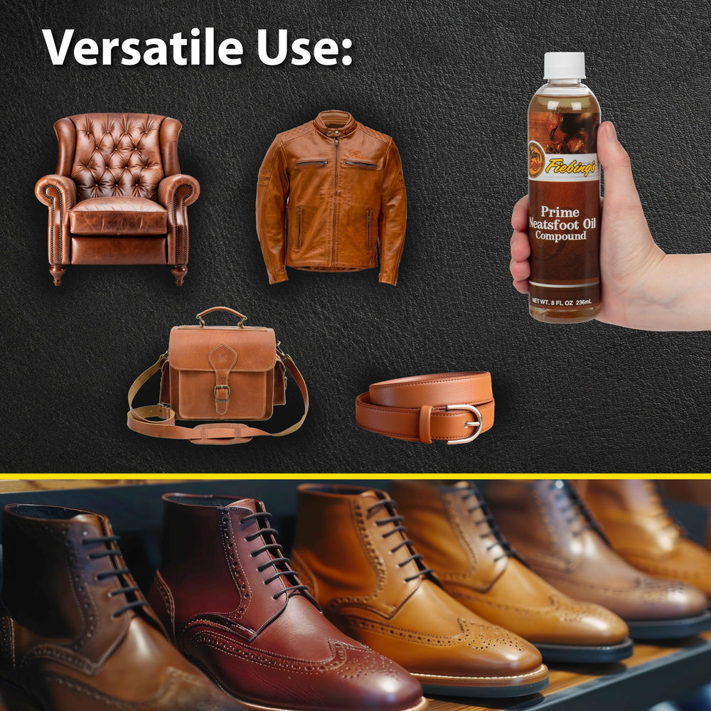 Soft cloth applying Fiebing's Prime Neatsfoot Oil for thorough leather softening and conditioning.