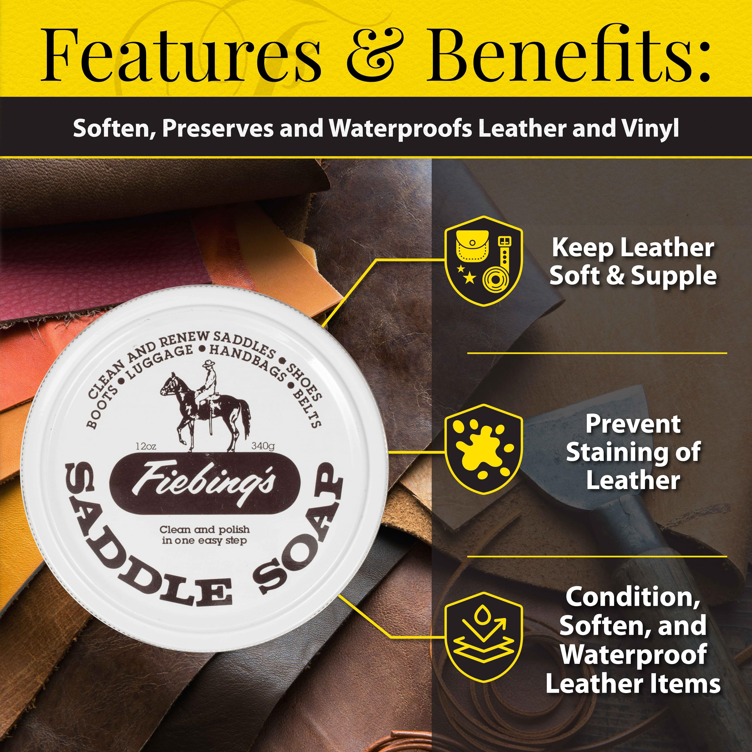 Fiebing's saddle soap application on a boot strap demonstrates easy cleansing and conditioning.