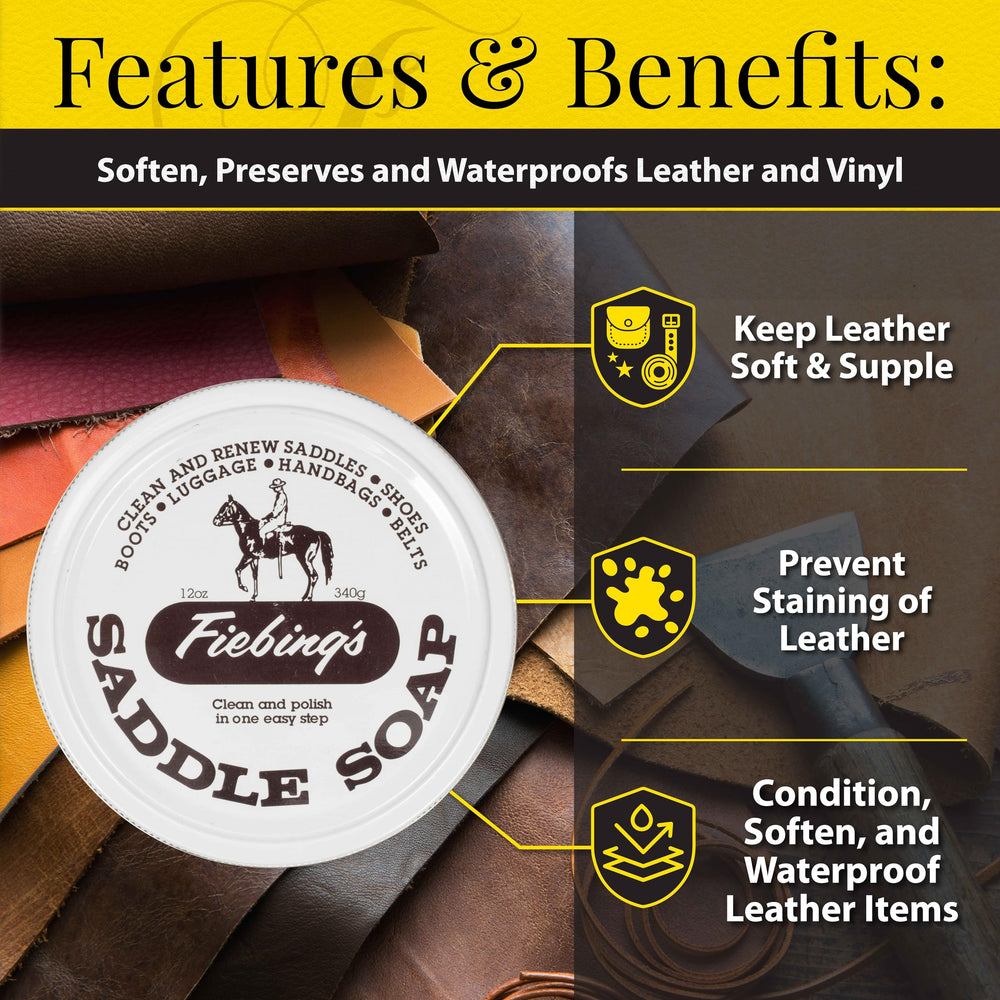 Fiebing's saddle soap application on a boot strap demonstrates easy cleansing and conditioning.