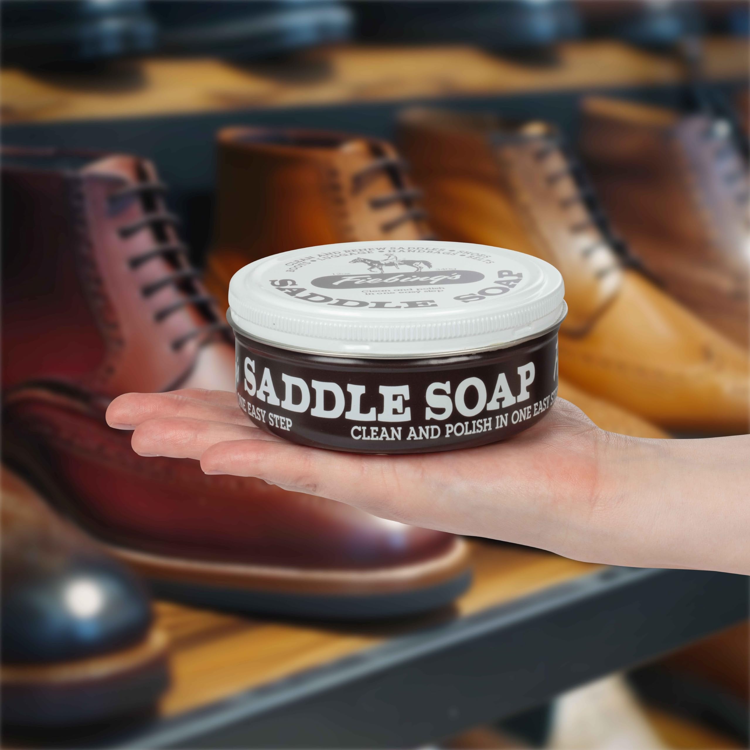 Fiebing's Saddle Soap in use on boots highlights practical maintenance for everyday wear.