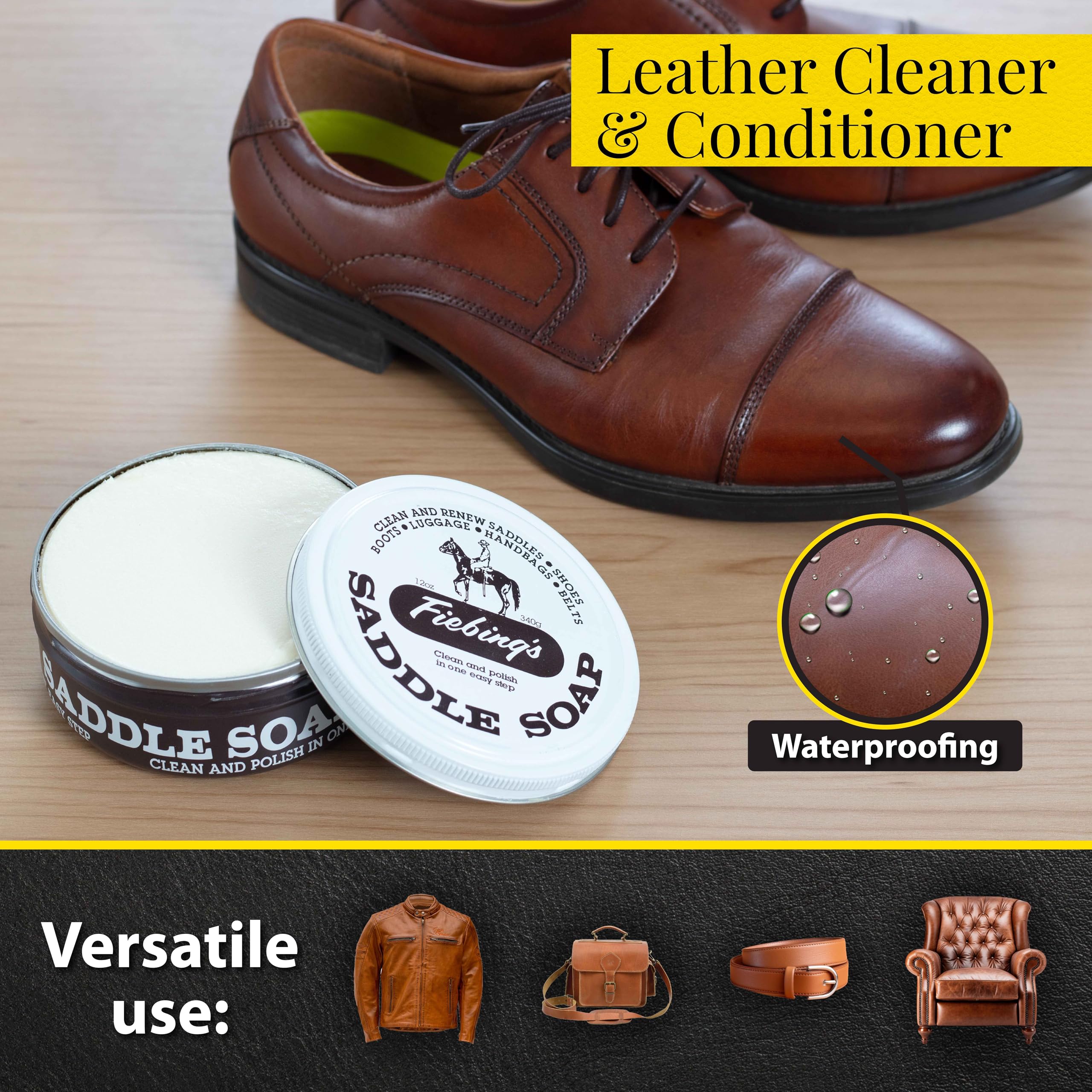 Fiebing's Saddle Soap lather cleans and conditions leather for renewed suppleness.