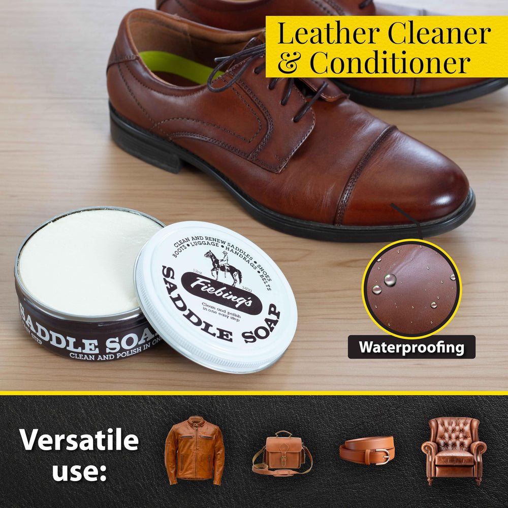 Fiebing's Saddle Soap lather cleans and conditions leather for renewed suppleness.